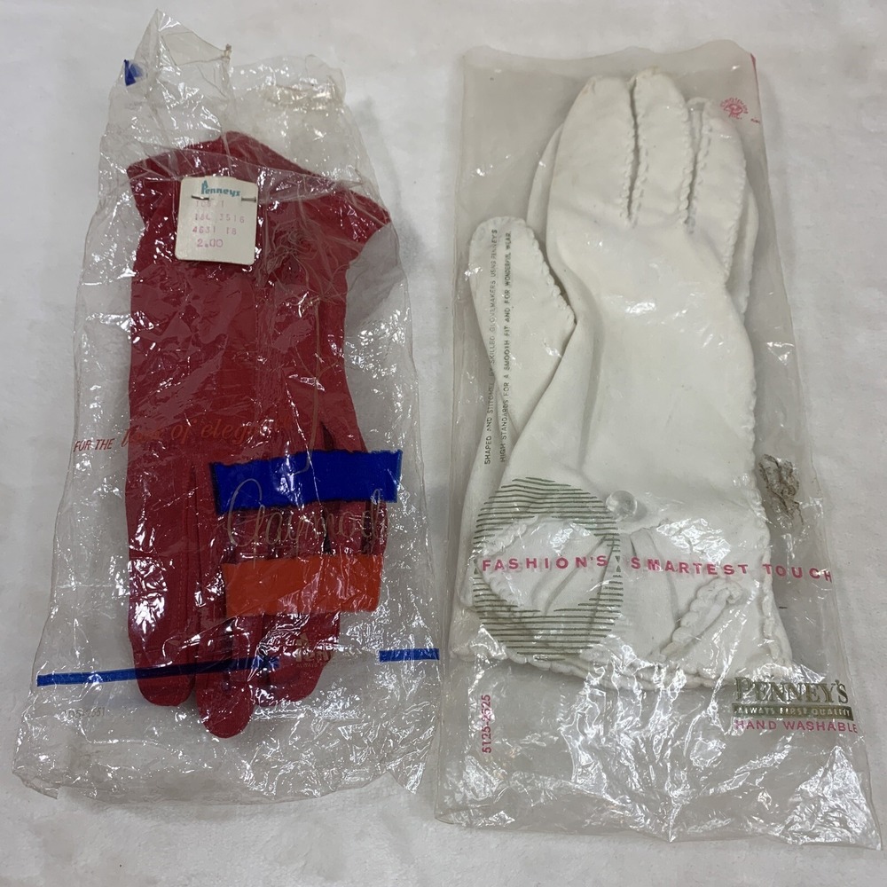 Lot of 2 Vintage Ladies White & Red Driving Gloves JC Penney's Gaymode Nylon